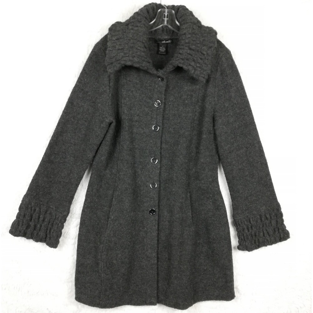 Willi Smith Womens Wool Coat Gray Ruffle Collar Cuffs Button Up Fitted Jacket L